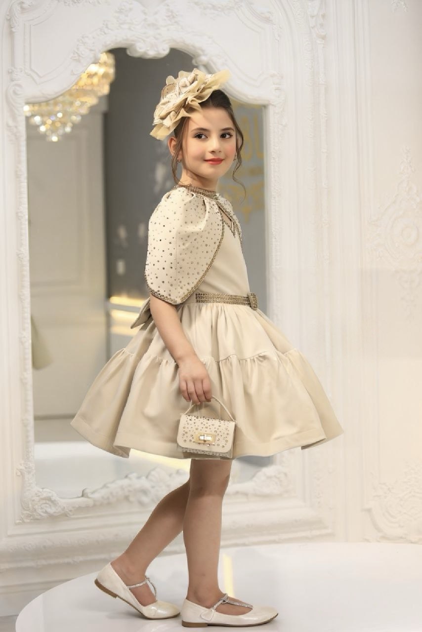 Luxury Cotton Princess Dress – Hand-Beaded Gown with Cape, Purse & Fascinator
