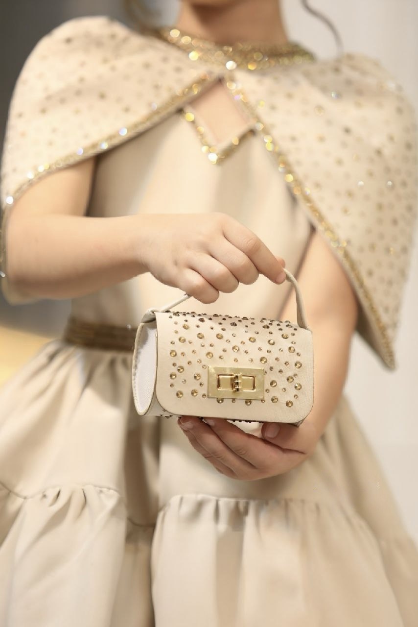 Luxury Cotton Princess Dress – Hand-Beaded Gown with Cape, Purse & Fascinator