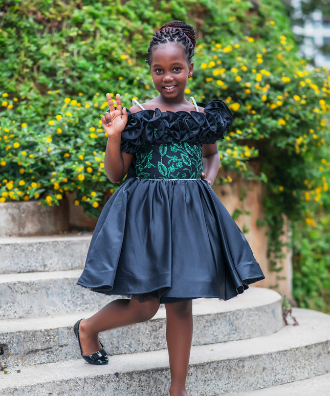 Black Rose Bloom Dress – Girls Occasion Gown with Embroidered Details