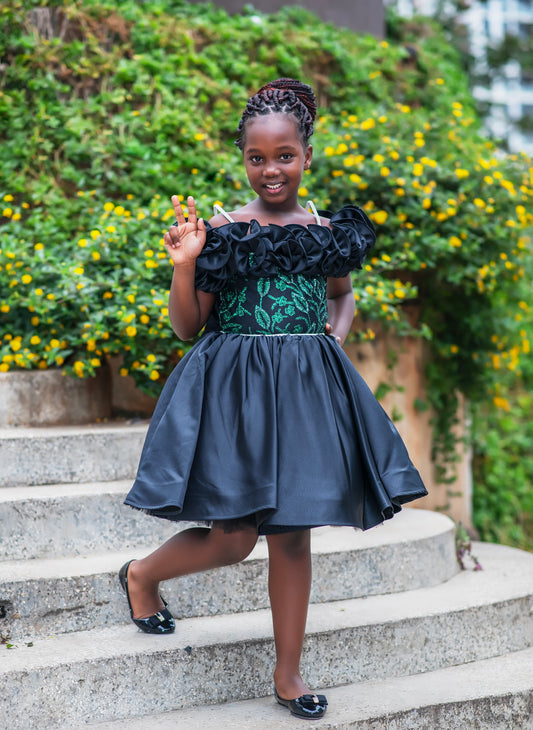 Black Rose Bloom Dress – Girls Occasion Gown with Embroidered Details