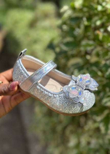 MY5162 - Glitter Mary Jane Flats with Crown Bow Detail & Ankle Strap