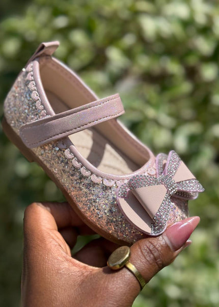 MY5165 - Baby Girl Sparkly Dress Shoes - Glitter Mary Jane Flats with Pearl & Bow Detail and Ankle Strap