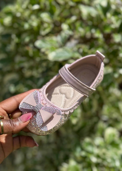 MY5165 - Baby Girl Sparkly Dress Shoes - Glitter Mary Jane Flats with Pearl & Bow Detail and Ankle Strap