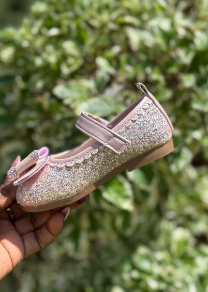 MY5165 - Baby Girl Sparkly Dress Shoes - Glitter Mary Jane Flats with Pearl & Bow Detail and Ankle Strap