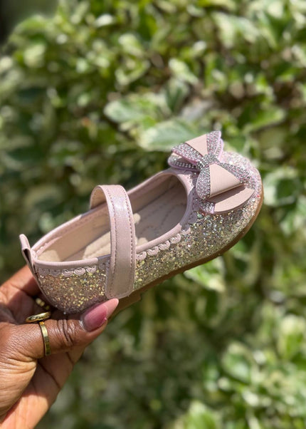 MY5165 - Baby Girl Sparkly Dress Shoes - Glitter Mary Jane Flats with Pearl & Bow Detail and Ankle Strap