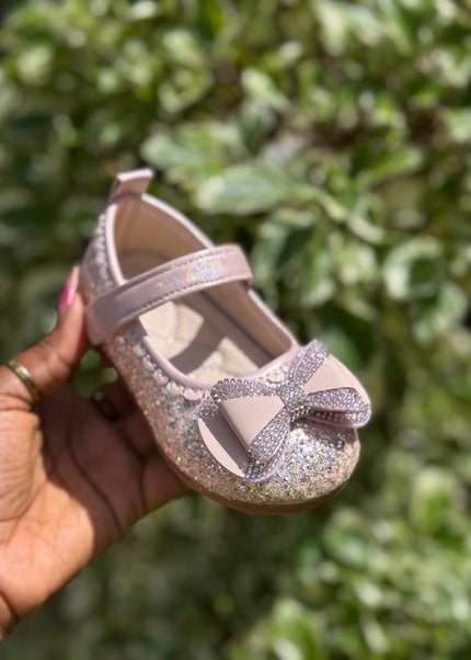 MY5165 - Baby Girl Sparkly Dress Shoes - Glitter Mary Jane Flats with Pearl & Bow Detail and Ankle Strap