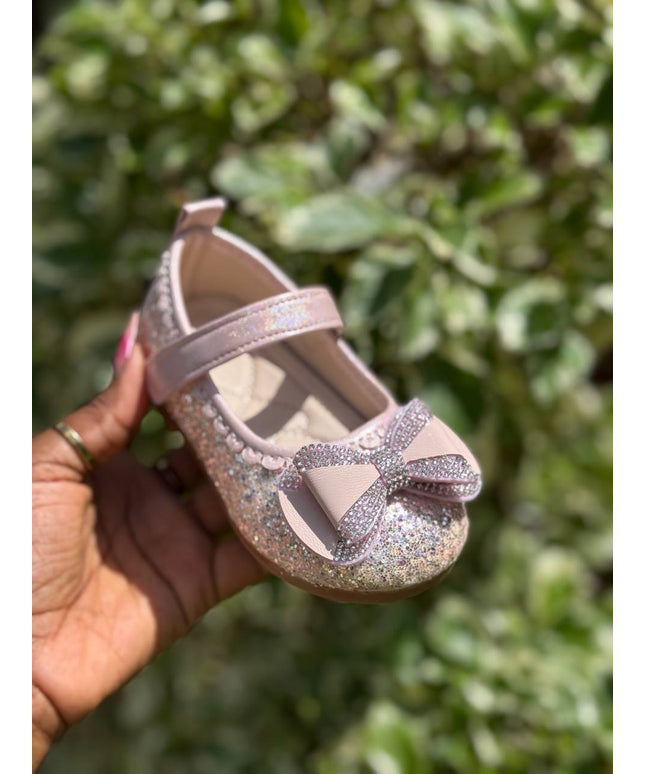 MY5165 - Baby Girl Sparkly Dress Shoes - Glitter Mary Jane Flats with Pearl & Bow Detail and Ankle Strap