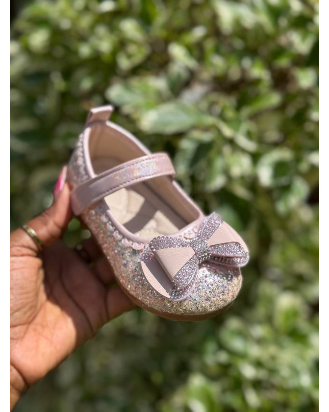 MY5165 - Baby Girl Sparkly Dress Shoes - Glitter Mary Jane Flats with Pearl & Bow Detail and Ankle Strap