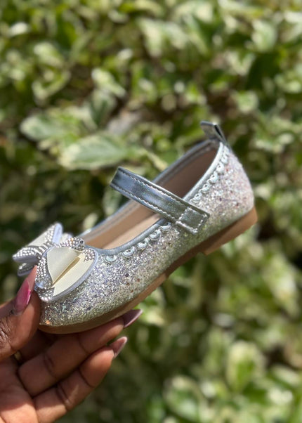 MY5165 - Baby Girl Sparkly Dress Shoes - Glitter Mary Jane Flats with Pearl & Bow Detail and Ankle Strap