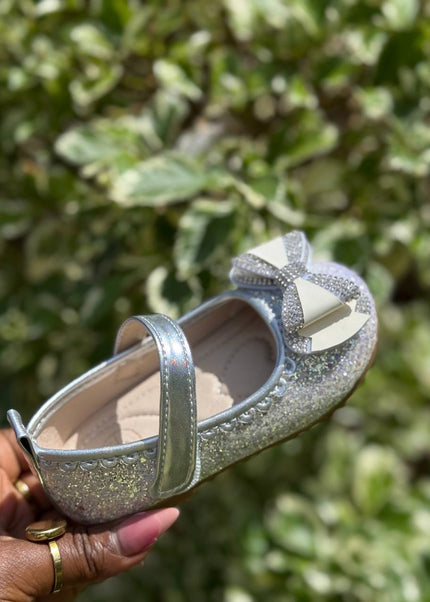 MY5165 - Baby Girl Sparkly Dress Shoes - Glitter Mary Jane Flats with Pearl & Bow Detail and Ankle Strap