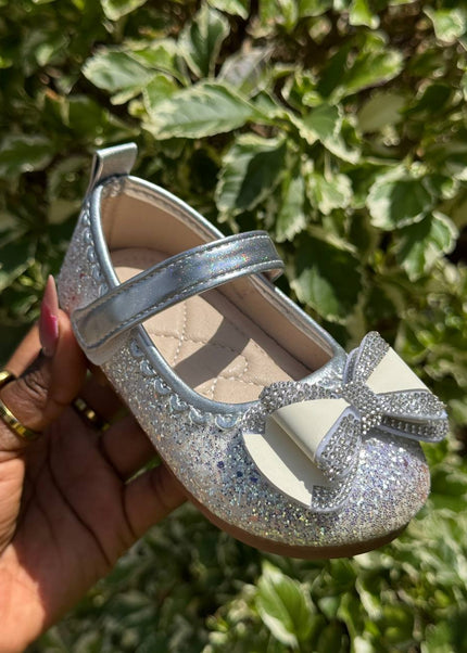 MY5165 - Baby Girl Sparkly Dress Shoes - Glitter Mary Jane Flats with Pearl & Bow Detail and Ankle Strap