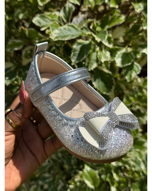 MY5165 - Baby Girl Sparkly Dress Shoes - Glitter Mary Jane Flats with Pearl & Bow Detail and Ankle Strap