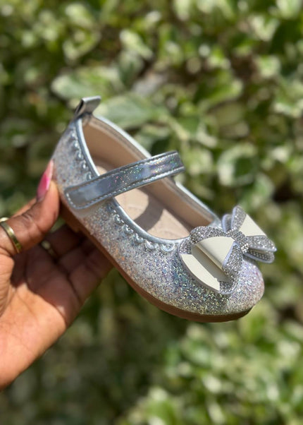 MY5165 - Baby Girl Sparkly Dress Shoes - Glitter Mary Jane Flats with Pearl & Bow Detail and Ankle Strap