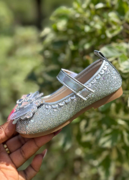 MY5162 - Glitter Mary Jane Flats with Crown Bow Detail & Ankle Strap