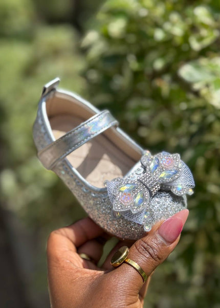 MY5162 - Glitter Mary Jane Flats with Crown Bow Detail & Ankle Strap