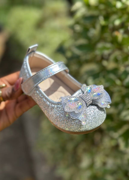 MY5162 - Glitter Mary Jane Flats with Crown Bow Detail & Ankle Strap