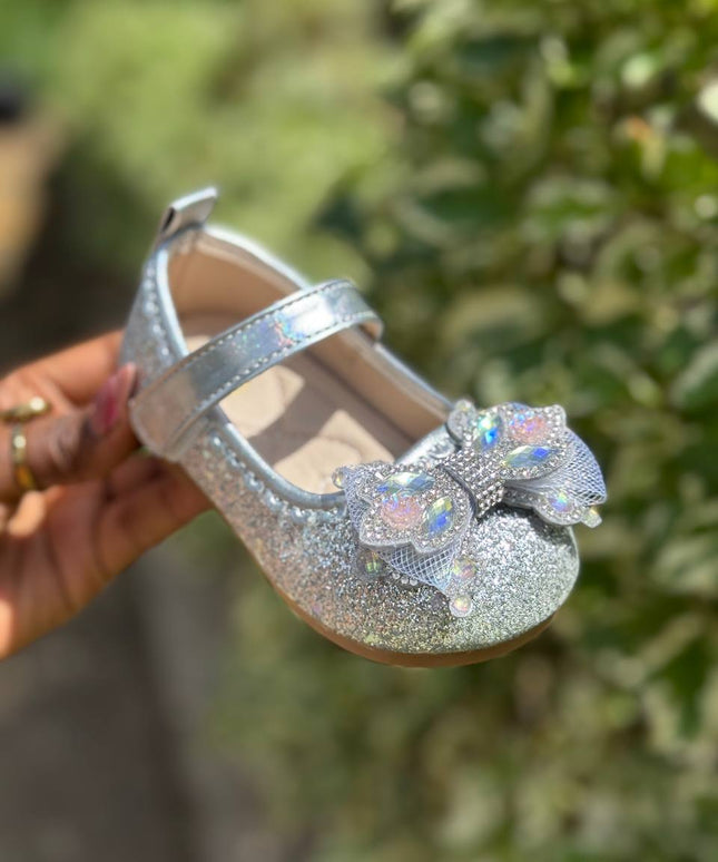 MY5162 - Glitter Mary Jane Flats with Crown Bow Detail & Ankle Strap