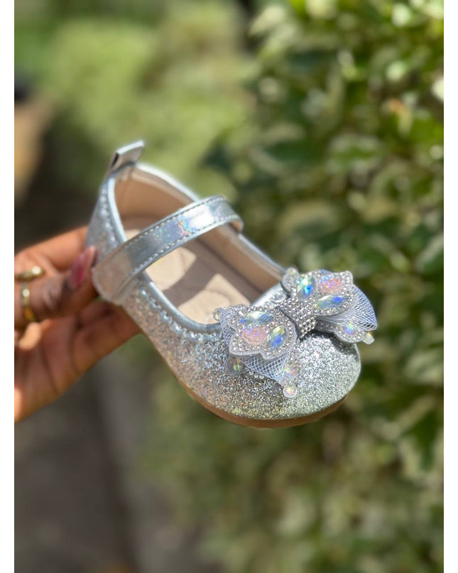 MY5162 - Glitter Mary Jane Flats with Crown Bow Detail & Ankle Strap