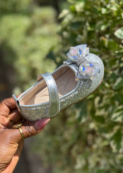 MY5162 - Glitter Mary Jane Flats with Crown Bow Detail & Ankle Strap