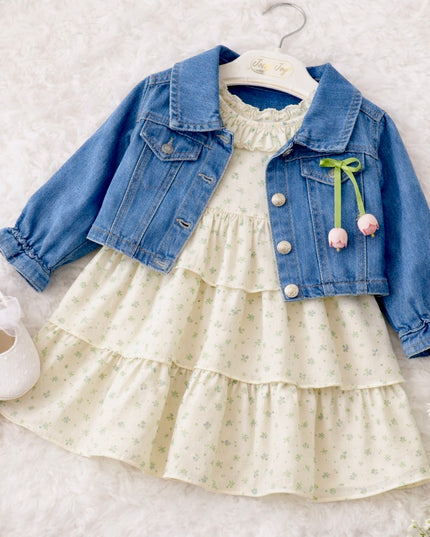Girls Floral Dress & Denim Jacket Two-Piece Set