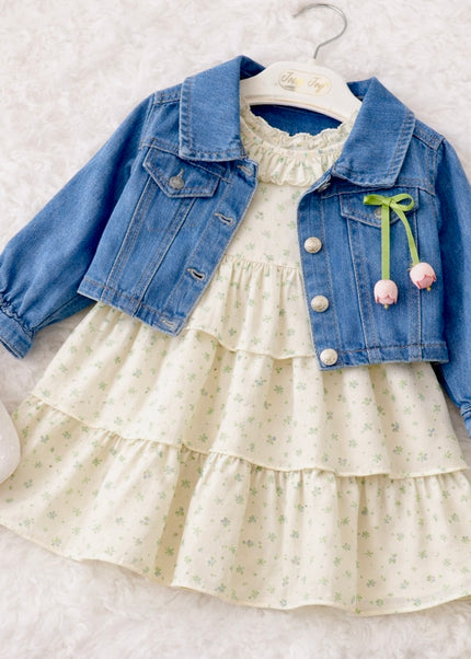 Girls Floral Dress & Denim Jacket Two-Piece Set