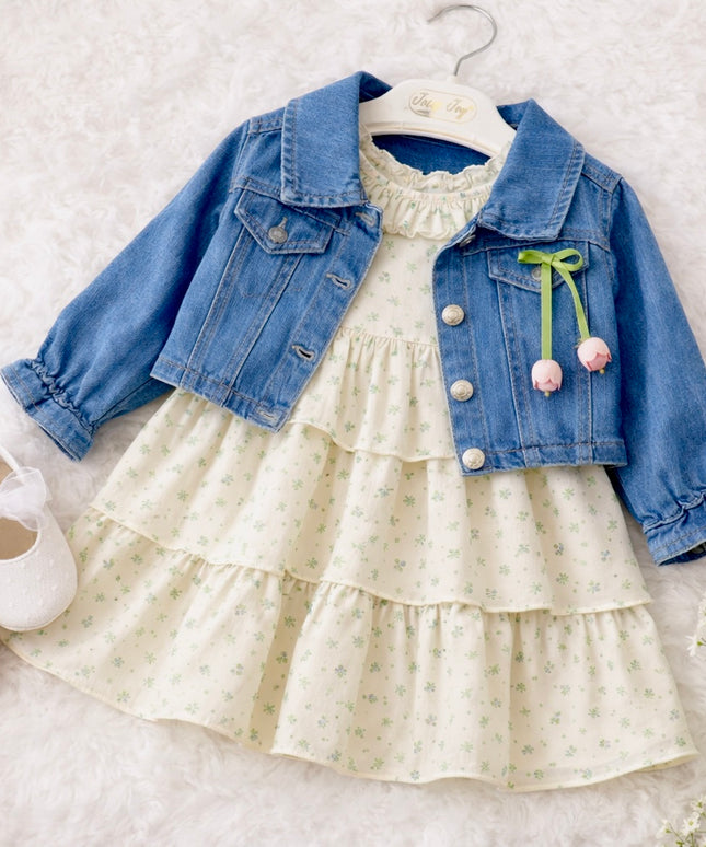 Girls Floral Dress & Denim Jacket Two-Piece Set