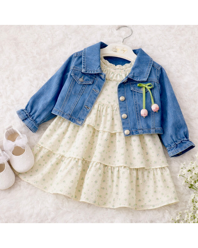 Girls Floral Dress & Denim Jacket Two-Piece Set