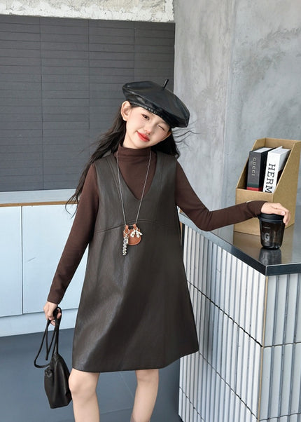 Girls Soft Leather Dress Set with Grey Top & Bag
