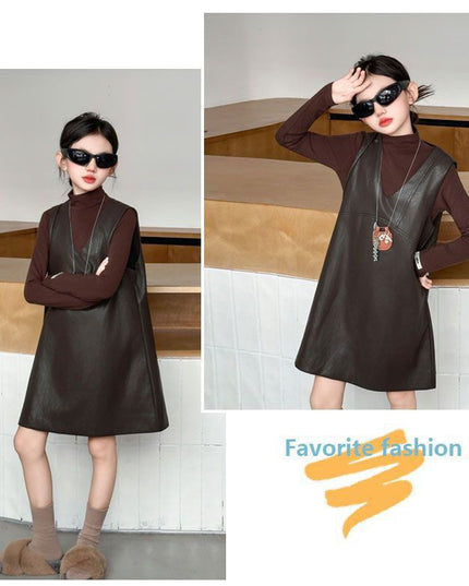Girls Soft Leather Dress Set with Grey Top & Bag