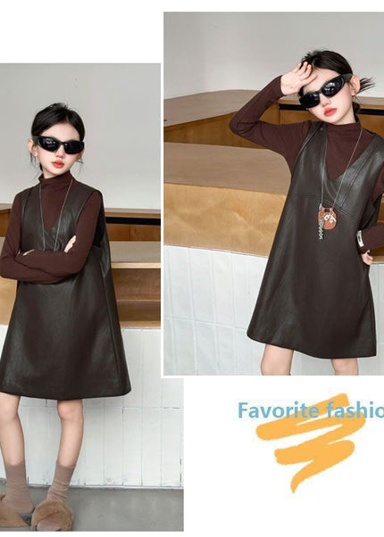Girls Soft Leather Dress Set with Grey Top & Bag