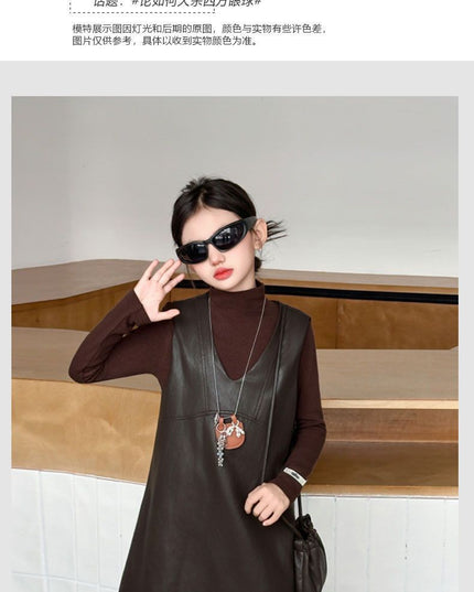Girls Soft Leather Dress Set with Grey Top & Bag