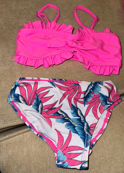 Girls Two-Piece Tropical Leaf Swimsuit - Pink Ruffled Bikini Set