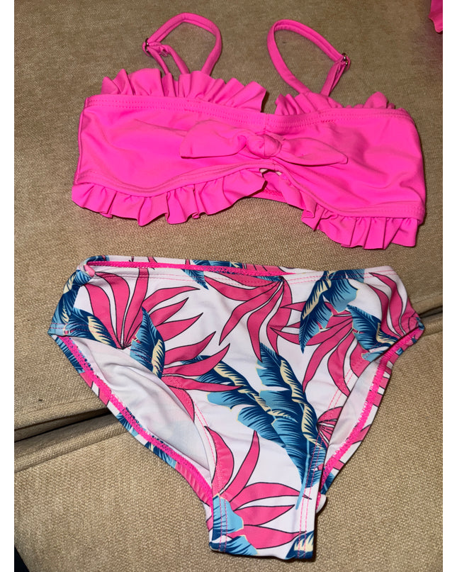 Girls Two-Piece Tropical Leaf Swimsuit - Pink Ruffled Bikini Set