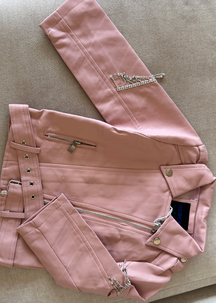 Girls Premium Leather Jacket with Crystal Fringe Detail - Pink