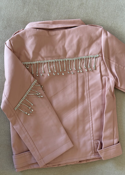 Girls Premium Leather Jacket with Crystal Fringe Detail - Pink