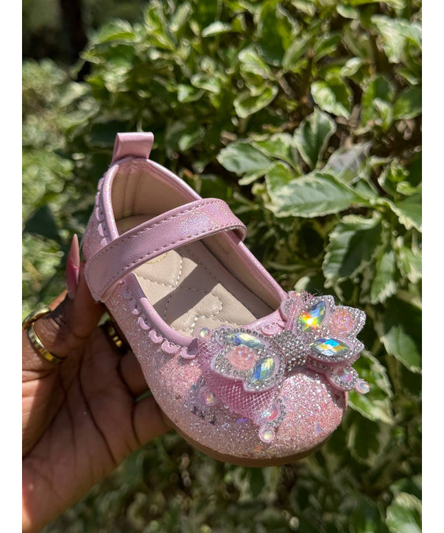 MY5162 - Glitter Mary Jane Flats with Crown Bow Detail & Ankle Strap