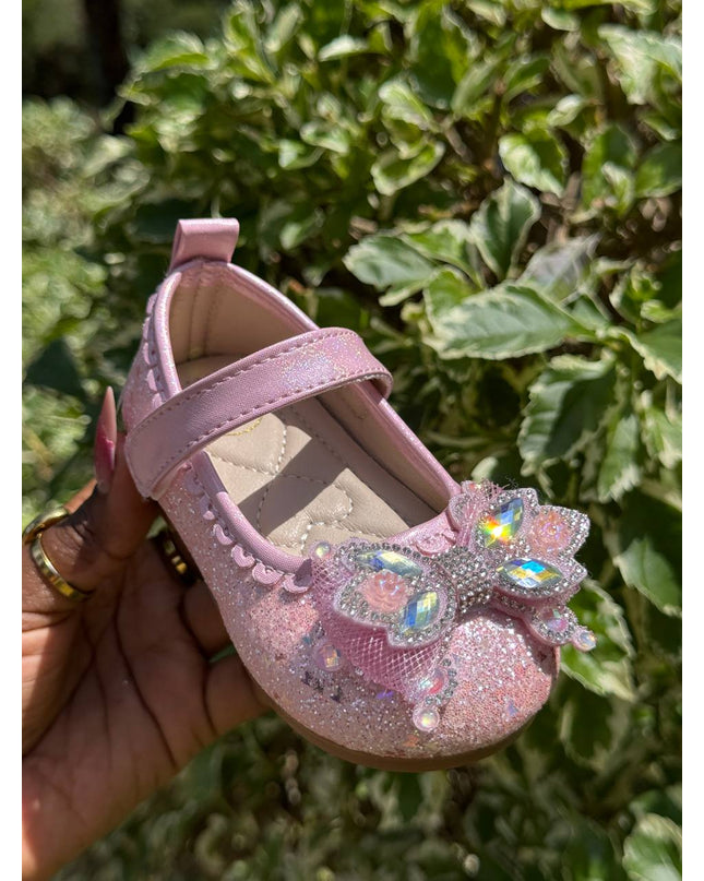 MY5162 - Glitter Mary Jane Flats with Crown Bow Detail & Ankle Strap