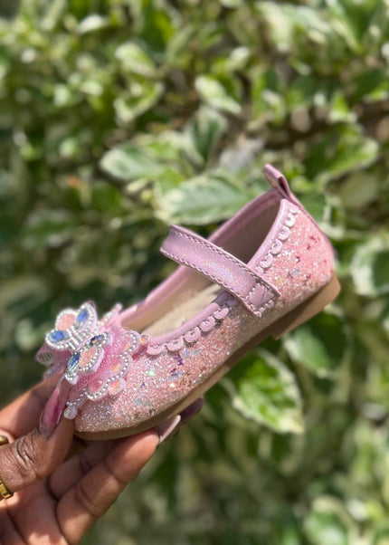 MY5162 - Glitter Mary Jane Flats with Crown Bow Detail & Ankle Strap