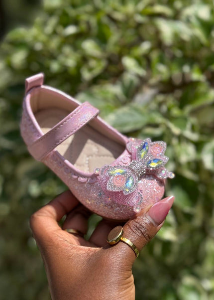 MY5162 - Glitter Mary Jane Flats with Crown Bow Detail & Ankle Strap