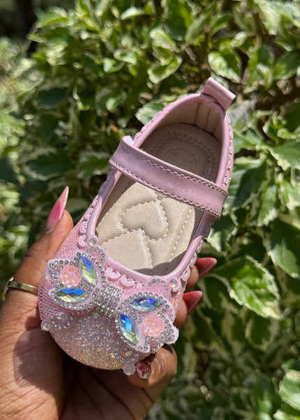 MY5162 - Glitter Mary Jane Flats with Crown Bow Detail & Ankle Strap