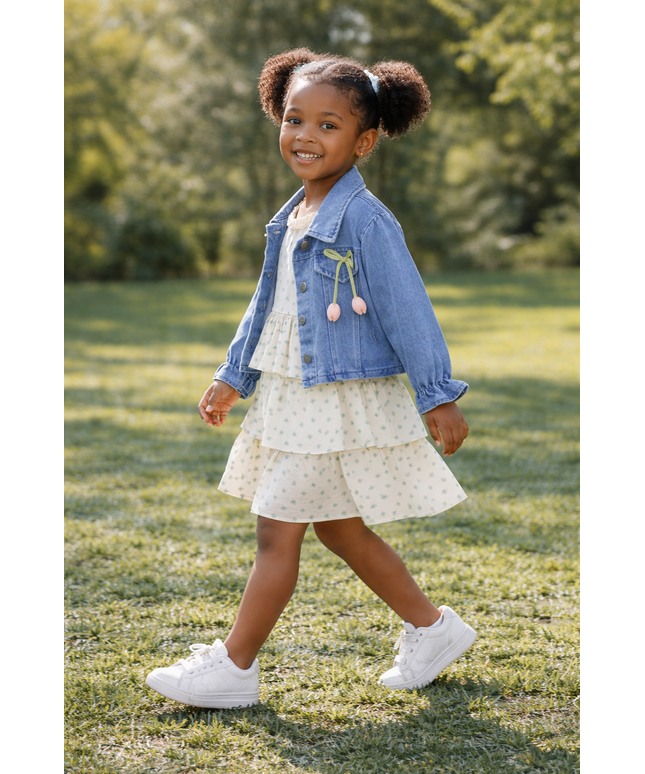 Girls Floral Dress & Denim Jacket Two-Piece Set