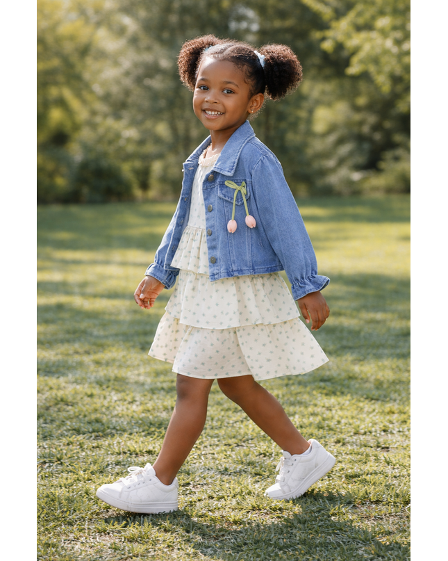 Girls Floral Dress & Denim Jacket Two-Piece Set