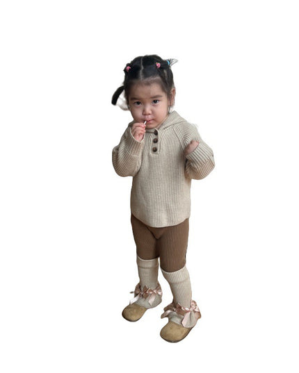 Kids Ribbed Knit 3-Piece Set - Hooded Sweater, Pants & Leg Warmers