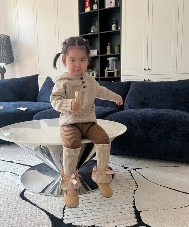Kids Ribbed Knit 3-Piece Set - Hooded Sweater, Pants & Leg Warmers