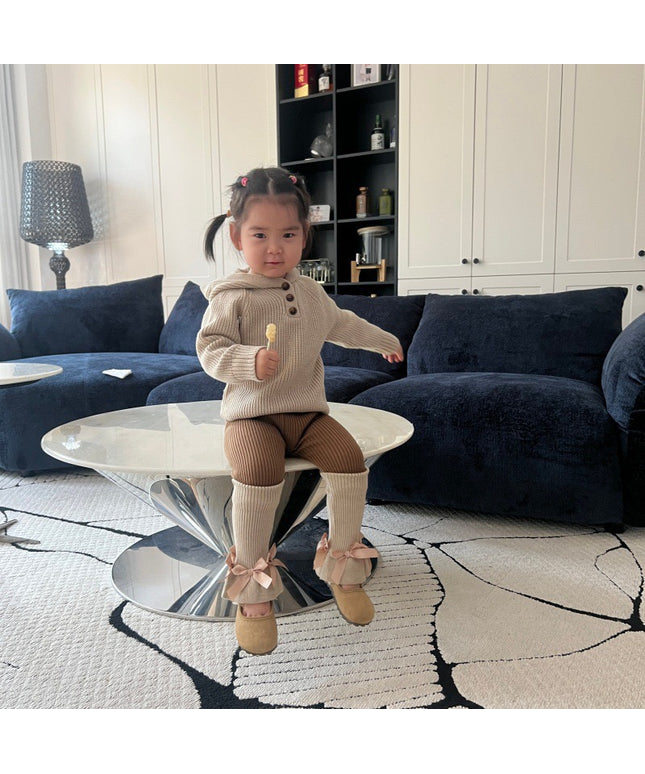 Kids Ribbed Knit 3-Piece Set - Hooded Sweater, Pants & Leg Warmers