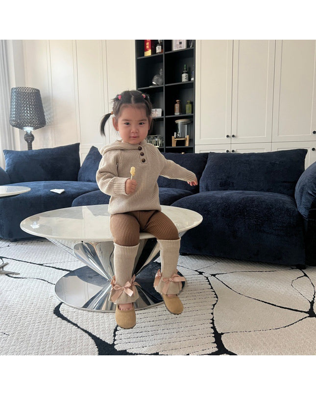 Kids Ribbed Knit 3-Piece Set - Hooded Sweater, Pants & Leg Warmers