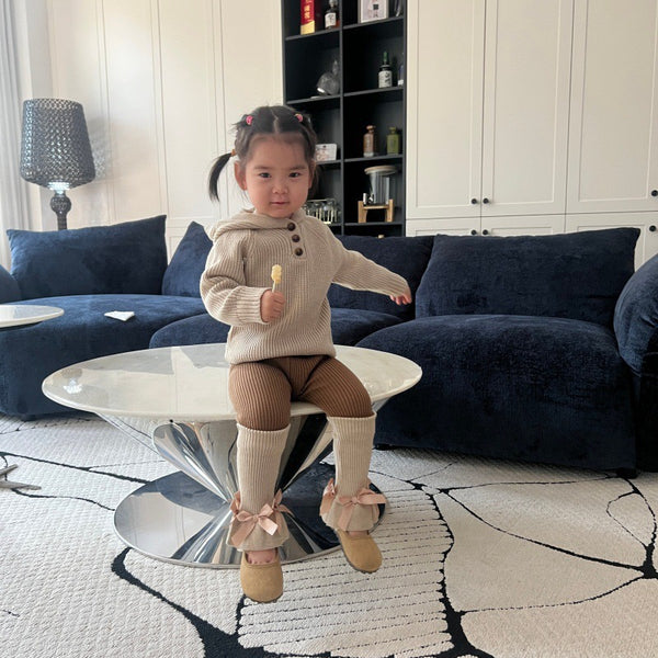 Kids Ribbed Knit 3-Piece Set - Hooded Sweater, Pants & Leg Warmers
