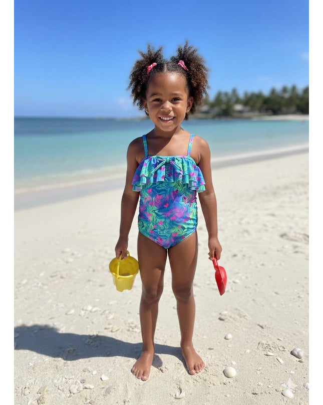 Girls' Tropical Floral Ruffle Swimming Costume