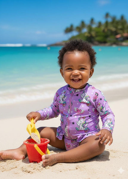 Child in a purple swimsuit playing on a sandy beach with ocean and palm trees in the background