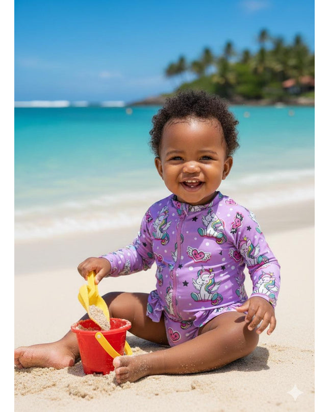 Child in a purple swimsuit playing on a sandy beach with ocean and palm trees in the background